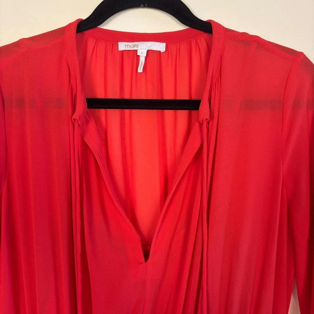 MAJE Rulla Shirred Waist Mini Dress Red Women Size 1 Small Ruffle Skirt Slip
